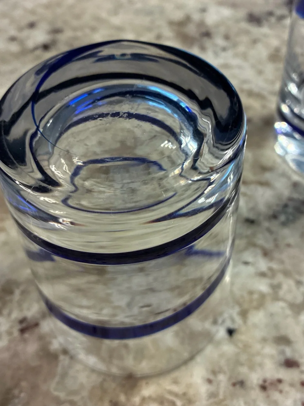 Pier 1 Clear Handblown double old fashion glasses Cobalt Blue Band - Set of 2